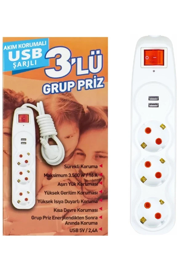 Depolife Üçlü Grup Priz Çocuk Akım Korumalı 2'li Usb'li 1,5 Mt Uzatma Kablolu Anahtarlı ürün görseli 1