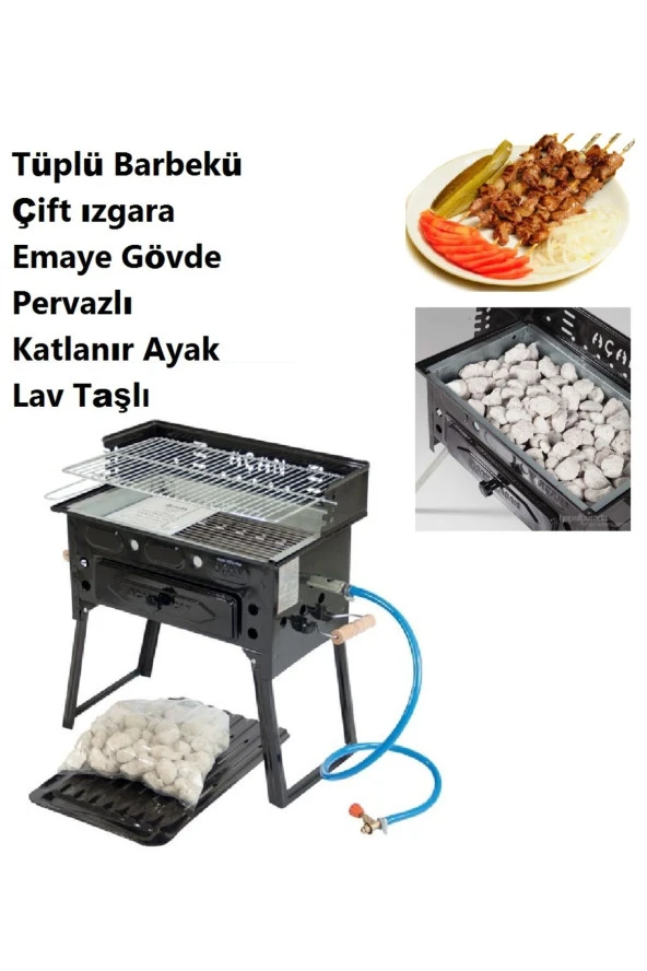 Tüplü Mangal Emaye gövdeli çift ızgara Pervazlı Barbekü Lpgli Grill Katlanır ayak ürün görseli 1