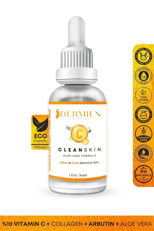 Dermien Cosmetics C Vitamini %10 Aydınlatıcı, Cilt Tonu Eşitleyici Aloe Vera, Collagen, Arbutin 30 ml Cilt Serumu ürün görseli 1