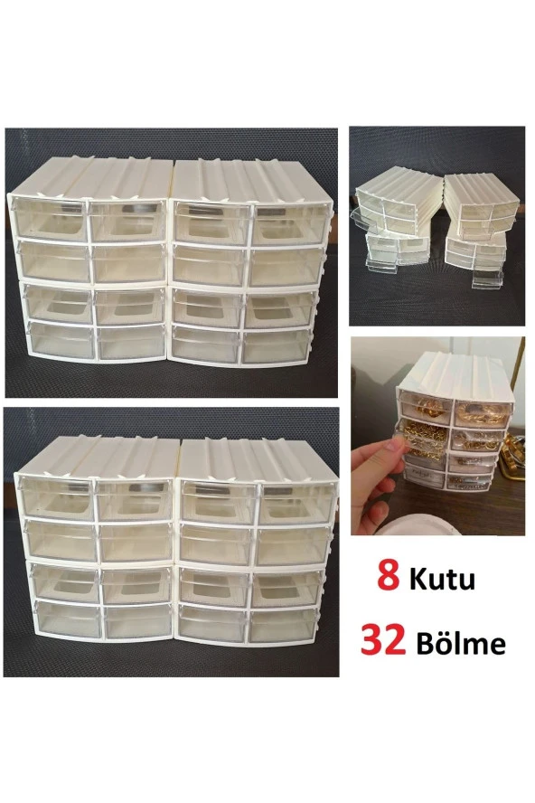 Depolife Şeffaf Çekmeceli Organizer Kutu 8 Kutu 32 Bölmeli Dremel Gravür Boncuk Mücevher Saklama Kutusu ürün görseli 1