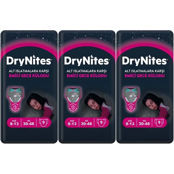 Drynites Emici Gece Külodu/Külot Bez Kız 8-13 Yaş 30-48KG Large 27 Adet 3PK*9 Alt Islatmalara Karşı ürün görseli 1