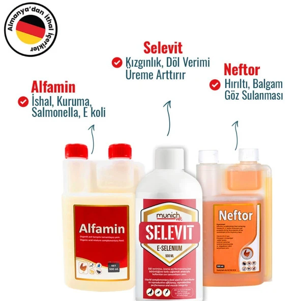 Munich Vet 3'lü Set Selevit Üreme (500 ml) - Neftor Hırıltı (500 ml) - Alfamin İshal (500 ml) ürün görseli 1