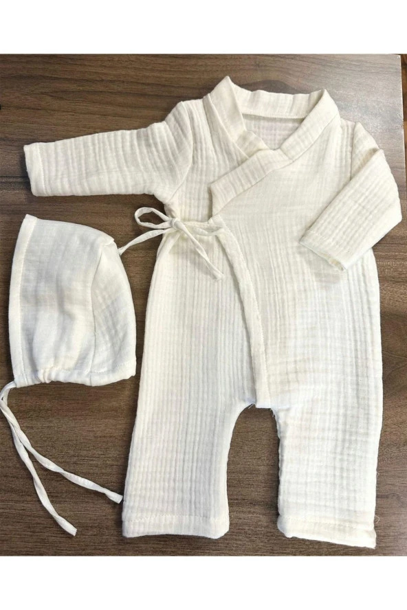 MİNİK ADIMLAR Minik Adımlar 4 Kat Müslin Bebek Yandan Bağlamalı Tulum Seti ürün görseli 1