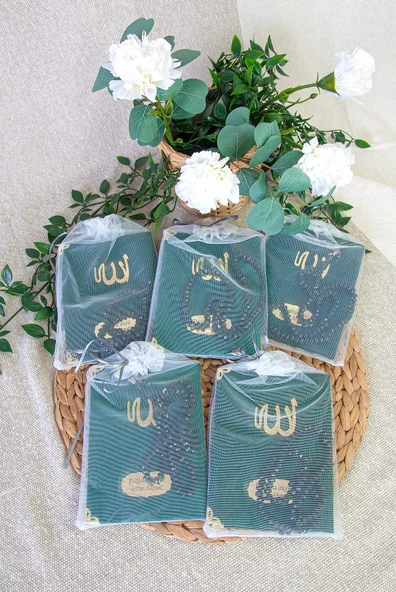 5 Adet Keseli Tesbihli İsim Baskılı Kadife Kaplı Yasin Mevlüt Kitabı Seti Hediyesi Yeşil ürün görseli 1