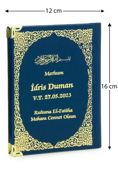 50 Adet İsim Baskılı Ayet-el Kürsi Desenli Yaldızlı Deri Ciltli  Çanta Boy Yasin Kitabı Mevlüt Hediyesi 128 Sayfa Lacivert ürün görseli 1