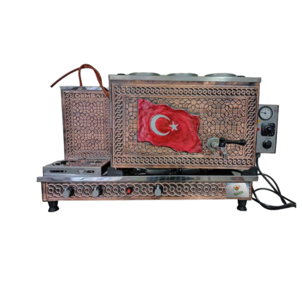 3 demlikli Bakır çay ocağı Bayrak Model Bakır Çay Kazanı Elektrik + Doğalgazlı Bakır Çay Semaveri CE Belgeli. ETS Sistemli ürün görseli 1