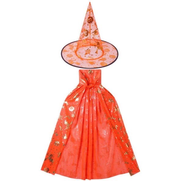 Halloween Çocuk Pelerin Şapka Seti Turuncu 80 cm ürün görseli 1
