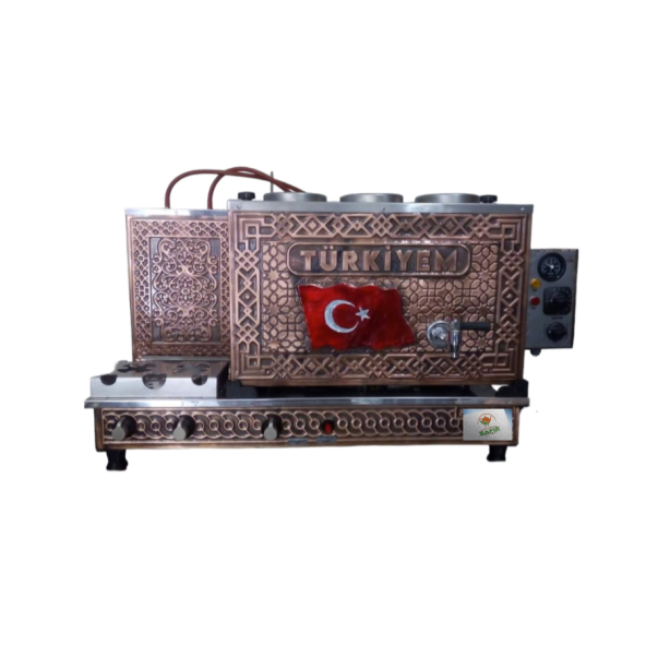 3 demlikli Bakır çay ocağı Türkiyem Yazılı Türk Bayrak Model 3 Gözlü Bakır Çay Kazanı Elektrik + Tüplü Bakır Çay Semaveri ETS sistemli ürün görseli 1