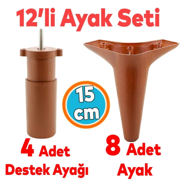Mobilya Kanepe Sehpa TV Ünitesi Koltuk Ayağı 15 cm Kahverengi Baza Ayak 12'li Set ürün görseli 1