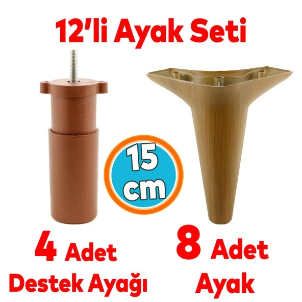 Mobilya Kanepe Sehpa TV Ünitesi Koltuk Ayağı 15 cm Kahverengi Baza Ayak 12'li Set ürün görseli 1