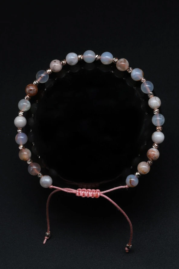 Flower Agate Doğal Taş Makrome Örme Bileklik Küre Kesim ürün görseli 1