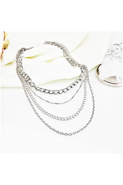 Gümüş Kaplama Kadın Çoklu Choker Kolye ürün görseli 1