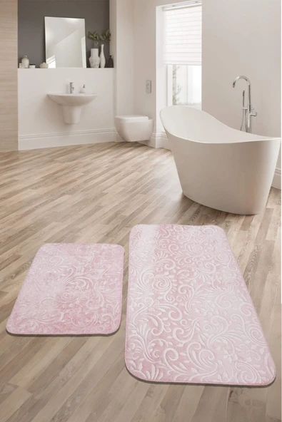 Emboss 2 Parça Pudra  Peluş Banyo Paspası Klozet Takımı Kaymaz Taban ürün görseli 1