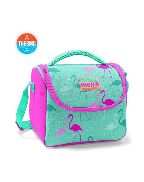 Coral High Su Yeşili Neon Pembe Flamingo Desenli Thermo Beslenme Çantası 11804 ürün görseli 1