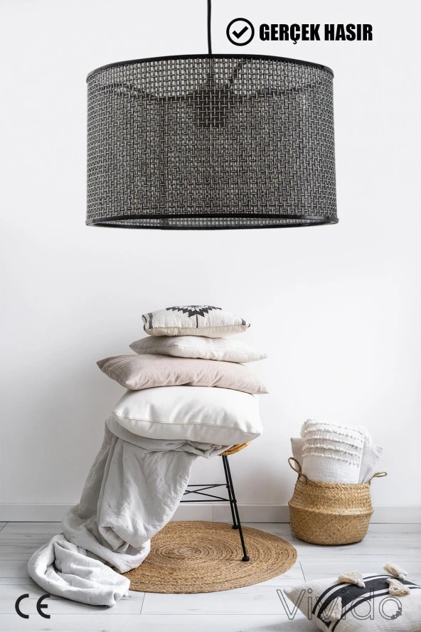 Vivido Abajur Wicker Siyah-Beyaz Hasır Sarkıt Avize 38cm ürün görseli 1