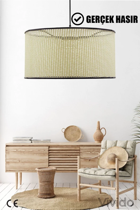 Vivido Abajur Wicker Krem-Siyah Hasır Sarkıt Avize 38cm ürün görseli 1
