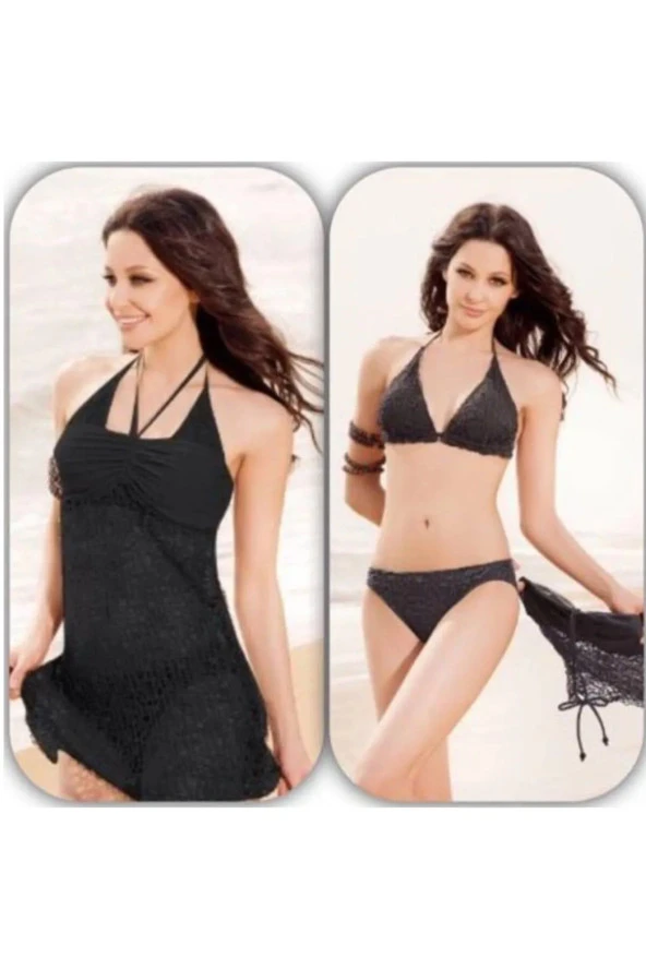 Bikini Mayo Örgü Model Yeni Sezon 3 Parça Siyah ürün görseli 1
