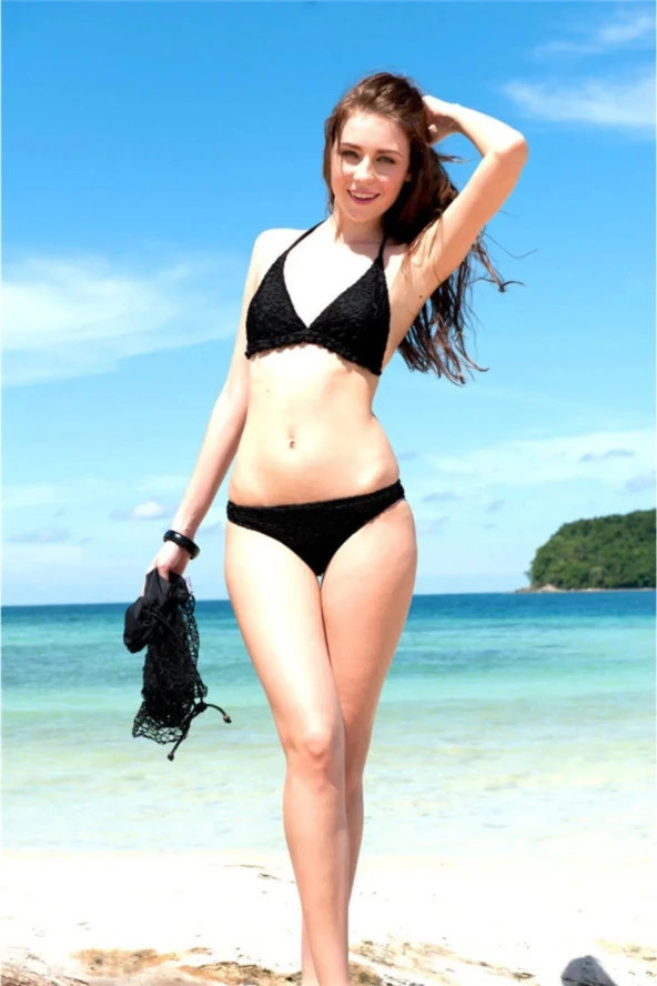 Bikini Mayo Örgü Model Yeni Sezon 3 Parça Siyah - Resim 5