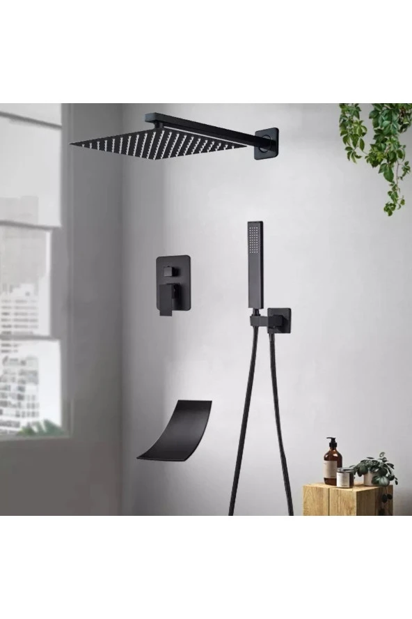 Banyo Bataryası Ankastre Duş Seti Mat Siyah 30x30cm Tepe Duş Yeni Şelale Ürün 5 Yıl Garantili ürün görseli 1
