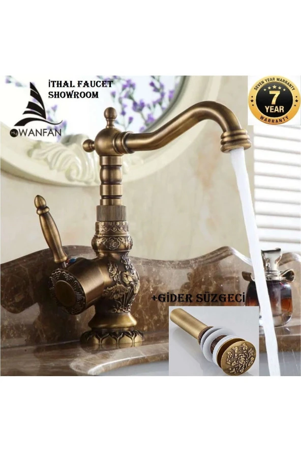 Banyo Lavabo Bataryası Desenli Antik Renk Gider Süzgeçli Set 7 Yıl Garantili İthal ürün görseli 1