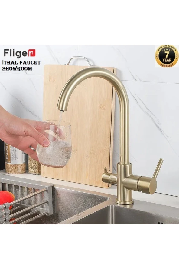Mutfak Evye Bataryası Dual Flow Su Arıtma Çıkışlı Spiralli Fiskiyeli 7 Yıl Garantili Ithal Mat Gold ürün görseli 1