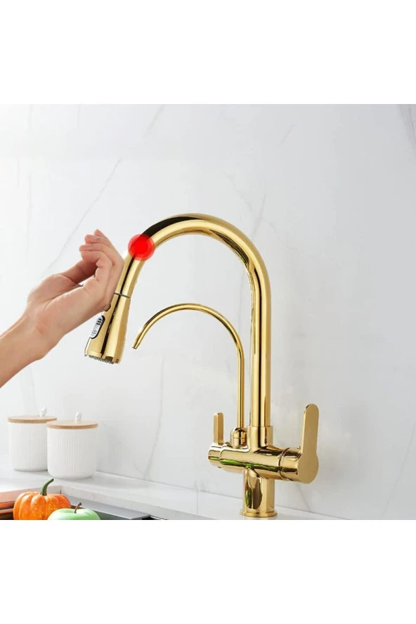 Mutfak Evye Bataryası Smart Dual Flow Su Arıtma Çıkışlı Gold Dokunmatik Spiralli 7 Yıl Garanti ürün görseli 1