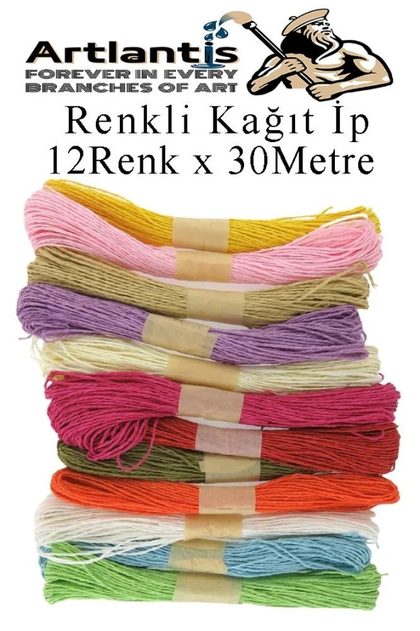 Kağıt İp 12 Renk 1 Paket Kraft Kağıt İp 12 li 30 Metre Hobi Hediye Paketleme Kağıt İp ürün görseli 1