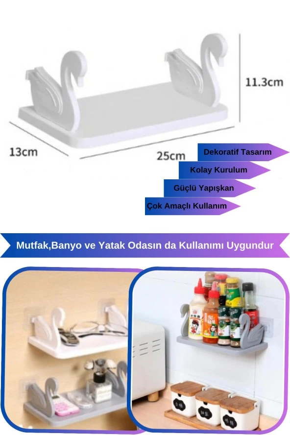 3B Trend Kuğu Tasarımlı Raf Kendinden Yapışkanlı Dekoratif ve Portatif Raf ürün görseli 1