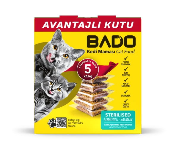 Bado Kısırlaştırılmış Yetişkin Kedi Maması Somonlu 5x1kg ürün görseli 1