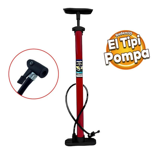 El Tipi Klasik Plastik Bisiklet Hava Pompası Ayak Tutamaklı Pompa Kırmızı ürün görseli 1