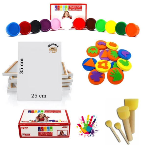 çocuklar için 12 renk parmak boyası baskı seti + 25x35 cm tuval (yıkanabilir) 29 parça set ürün görseli 1