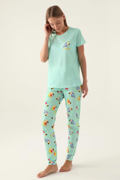 Roly Poly Premium Kadın Bisiklet Yaka Pamuklu Desenli Rahat Kalıp Manşetli Kısa Kollu Pijama Takımı ürün görseli 1