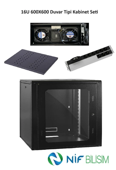 Ulusal 16U 600X600 Duvar Tip Kabinet seti 2li Duvar Tipi Fan 9lu PDU Priz 600mm Sabit Raf Dahil Set ürün görseli 1