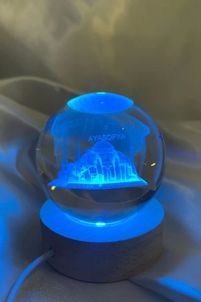 3D Led Işık Gecelambası Cam Küre Çok Renk Günışığı Ahşap Ayasofya Cami Gece Lambası 6 cm ürün görseli 1