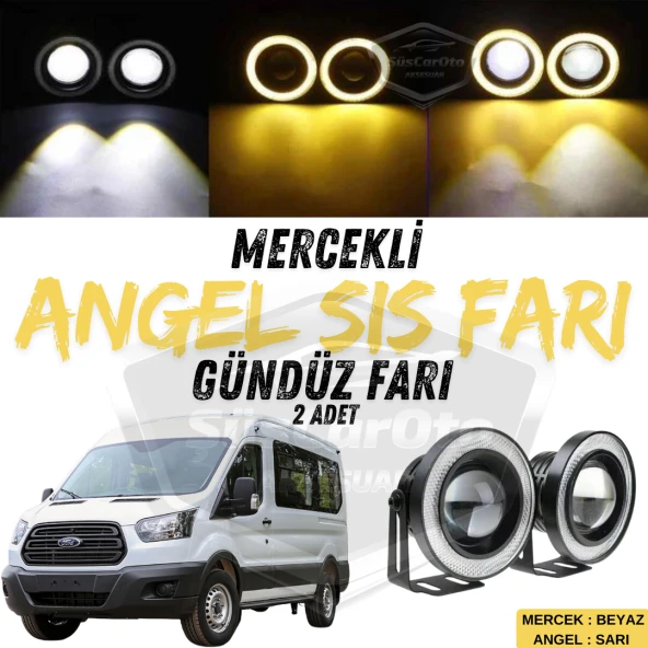 Ford Transit Tüm Modeller Uyumlu Üniversal Mercekli Angel Sis Farı Metal Su Geçirmez 76 mm Sarı Halkalı Gündüz Farı Angel Eyes 2 Adet ürün görseli 1