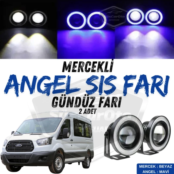 Ford Transit Tüm Modeller Uyumlu Üniversal Mercekli Angel Sis Farı Metal Su Geçirmez 76 mm Mavi Halkalı Gündüz Farı Angel Eyes 2 Adet ürün görseli 1