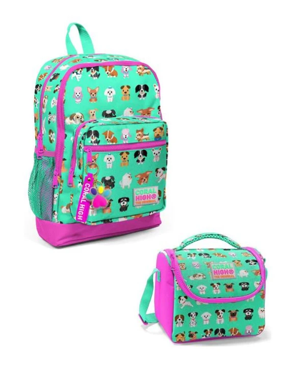 Coral High Kids Su Yeşili Neon Pembe Köpek Desenli 2li Okul Çanta Seti ürün görseli 1