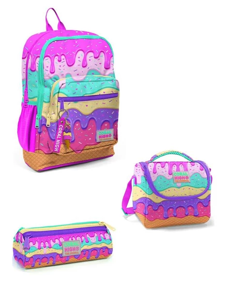 Coral High Kids Pembe Rengarenk Dondurma Desenli 3lü Okul Çanta Seti ürün görseli 1