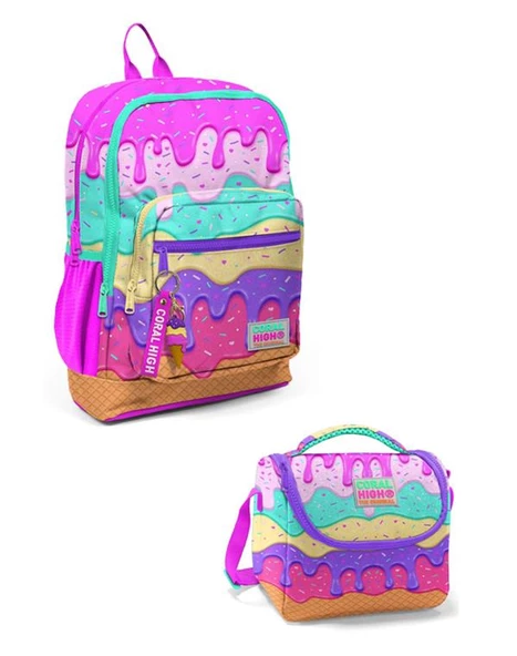 Coral High Kids Pembe Rengarenk Dondurma Desenli 2li Okul Çanta Seti ürün görseli 1