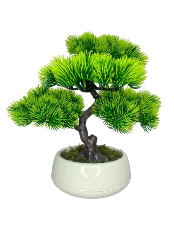 Nettenevime Bonsai Dekoratif Yapay Ağaç Yeşil Bonzai 35*30CM Krem Renk Yuvarlak Saksıda ürün görseli 1