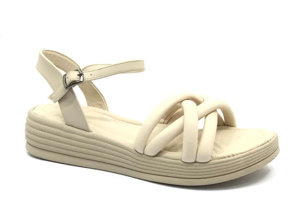 Feles Düz Taban Çapraz Detaylı Kadın Sandalet - Resim 7
