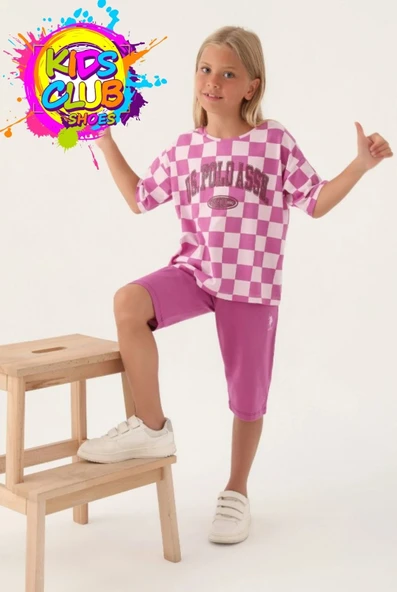 U.S. Polo Assn. Lisanslı US1811 Plaid T-Shirt ve Kapri Alt Üst Kız Çocuk Takımı ürün görseli 1