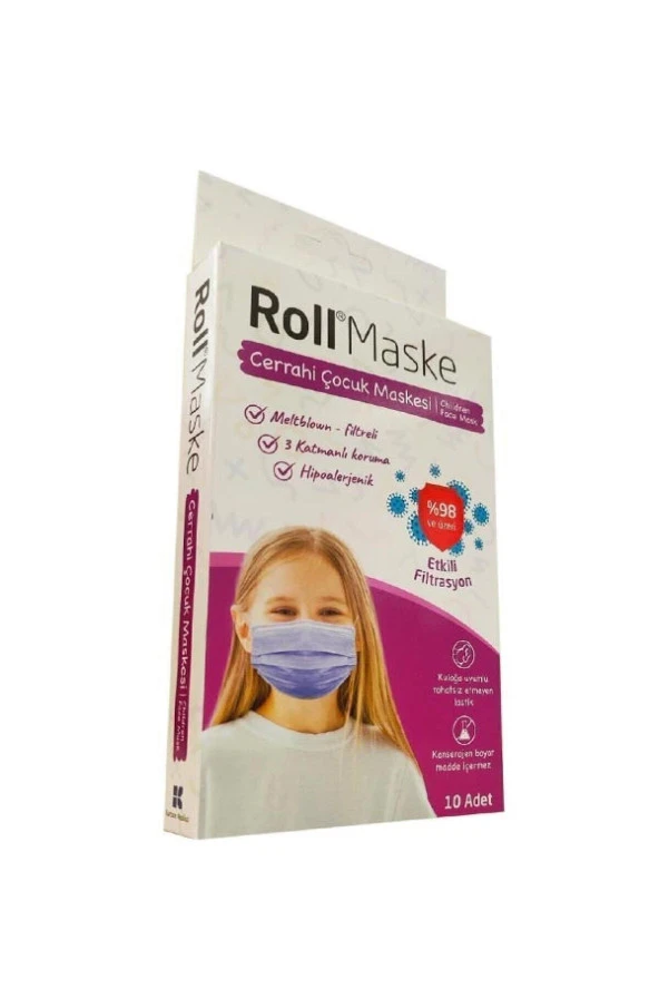 Roll 3 Katlı Kız Çocuk Mor Cerrahi Maske Telli 10'lu ürün görseli 1