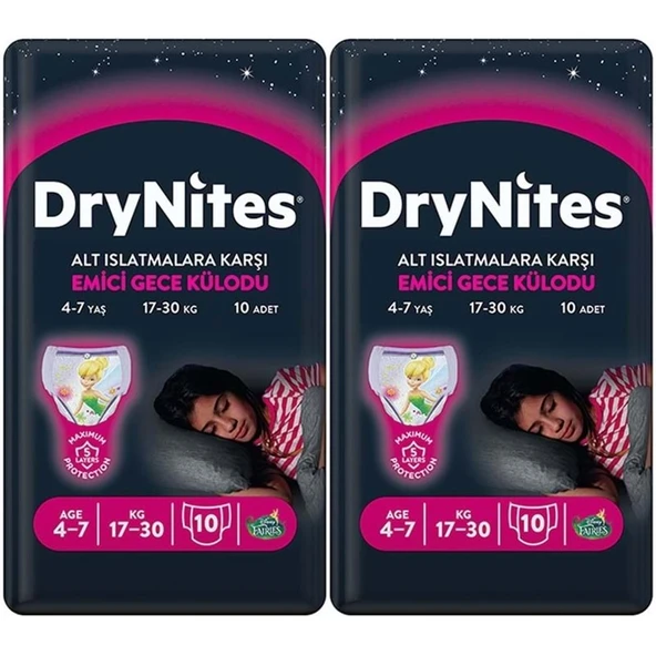 Drynites Emici Gece Külodu/Külot Bez Kız 4-7 Yaş 17-30 KG Large 20 Adet 2PK*10 Alt Islatmalara Karşı ürün görseli 1