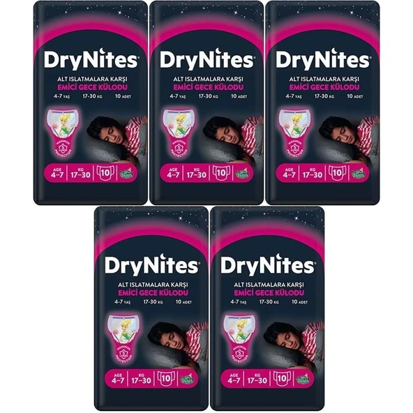 Drynites Emici Gece Külodu/Külot Bez Kız 4-7 Yaş 17-30 KG Large 50 Adet 5PK*10 Alt Islatmalara Karşı ürün görseli 1