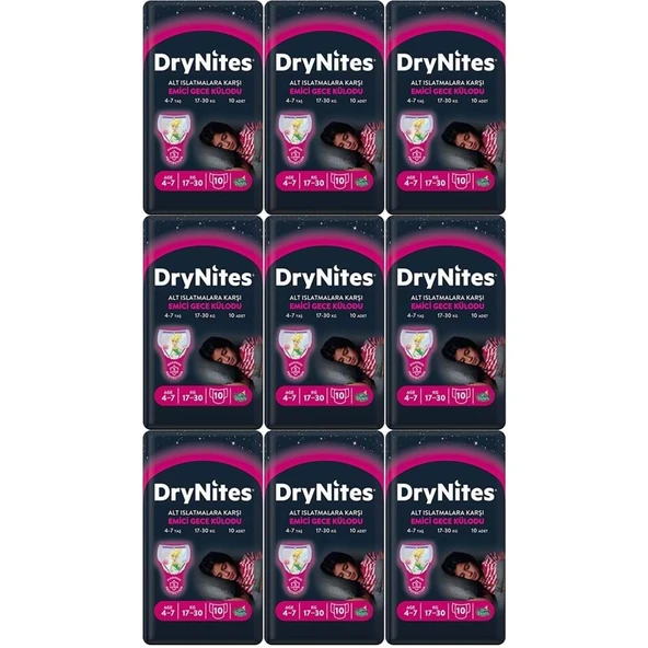 Drynites Emici Gece Külodu/Külot Bez Kız 4-7 Yaş 17-30 KG Large 90 Adet 9PK*10 Alt Islatmalara Karşı ürün görseli 1