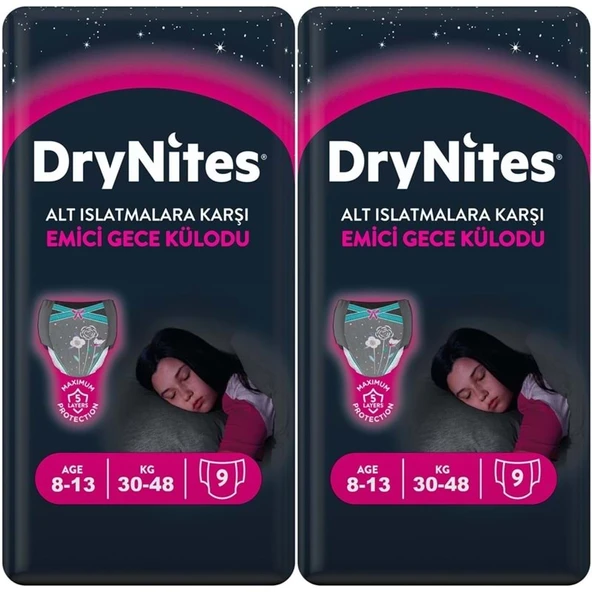 Drynites Emici Gece Külodu/Külot Bez Kız 8-13 Yaş 30-48KG Large 18 Adet 2PK*9 Alt Islatmalara Karşı ürün görseli 1
