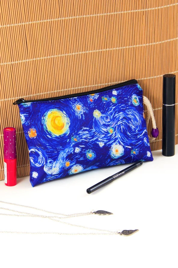 Yıldızlı Gece Tablosu Desenli Van Gogh Kalemlik Fermuarlı Makyaj Çantası Orta Boy 12cm X 20cm ürün görseli 1