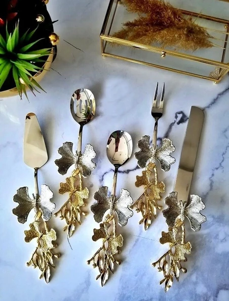 5 Parça Kelebek Desenli Gold Saplı Çelik Servis Seti ürün görseli 1