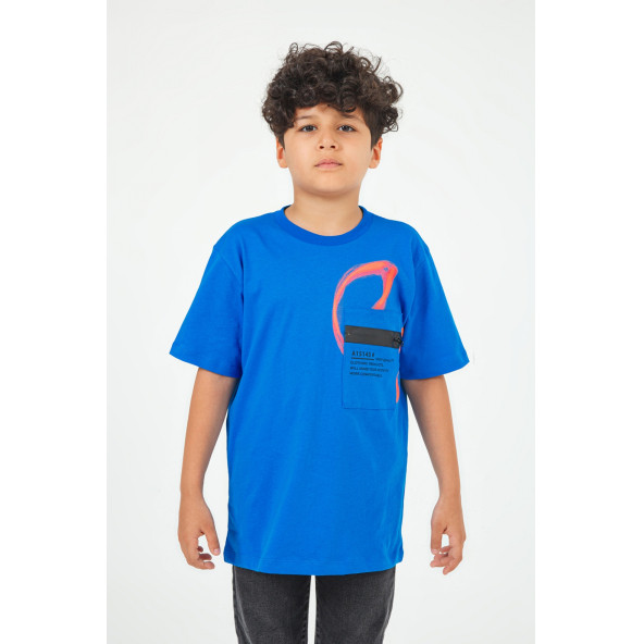 Erkek Çocuk Saks Mavi Cep Detaylı Tshirt ürün görseli 1